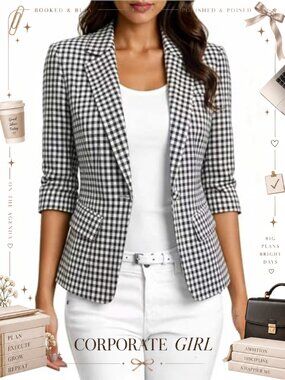 Women's Linen Blend Blazer 3/4 Sleeve Lightweight Work Office Jacket